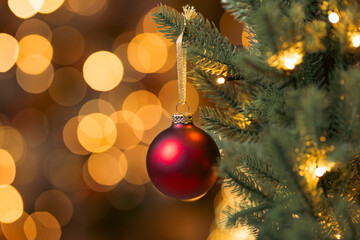 Close up of balls on christmas tree. Bokeh garlands in the background. New Year concept.