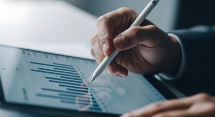 Businessman analyzing financial data on a tablet with a stylus reviewing charts and graphs for busin
