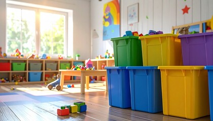 Bright and playful daycare room with colorful bins, wooden shelves, toys, books, and cheerful wall art under natural sunlight.