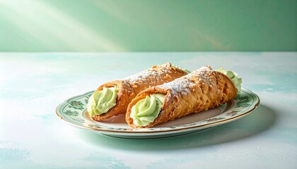 Two cannoli with golden-brown shells and green cream filling, dusted with powdered sugar on a floral plate in a softly lit, fresh setting.