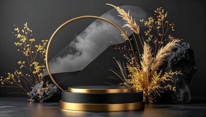 Luxurious product display with black and gold circular platform, golden ring, dried plants, and cloudy glass backdrop in a dark artistic setting.
