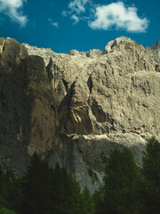 Steep rocky cliffs of the Dolomites, Italy. Towering limestone walls rise above dark pine trees under a clear blue sky — a striking contrast of strength and stillness in nature.