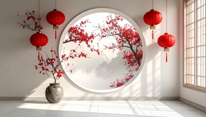 Tranquil East Asian interior with cherry blossoms framed by a circular window, red lanterns, and soft natural light in a serene, culturally rich space.