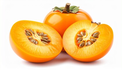 Whole and halved persimmons with bright orange skin and seed-filled flesh, showcasing botanical structure and natural vibrancy.