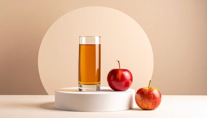 Minimalist still life with glass of amber apple juice and red apples on white platform, set against soft beige background with circular accent.