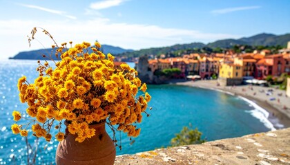 Scenic coastal town with vibrant buildings, turquoise sea, yellow flowers in terracotta pot, and mountain backdrop under a sunny sky.