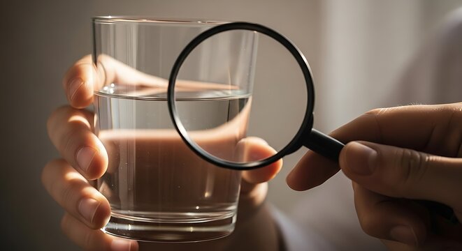 Glass of water being examined with a magnifying glass quality control concept purity analysis
