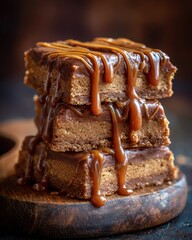 Stacked Caramel Brownies - Decadent Dessert with Drizzled Topping on Rustic Wooden Board.