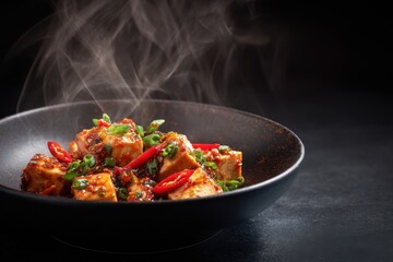 Steaming Tofu Stir-Fry - Vibrant Red Peppers and Green Onions in Dark Bowl.