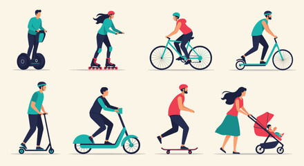 Diverse Group of People Using Various Personal Transportation Methods.