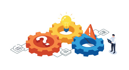 Isometric Problem Solving with Gears, Lightbulb, and Exclamation Point.