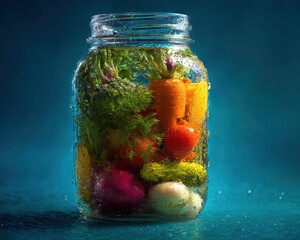 Vibrant Assortment of Fresh Vegetables Preserved in a Clear Glass Mason Jar, Illuminated by Soft Light.