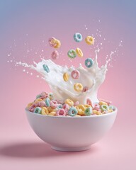 Vibrant Cereal Splash - Colorful Rings Explode in Creamy Milk Against a Soft Pink Gradient.
