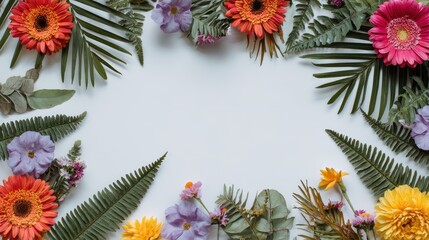 Vibrant Floral Frame - Colorful Gerberas, Lush Greenery on White Background, Bright Spring Border.