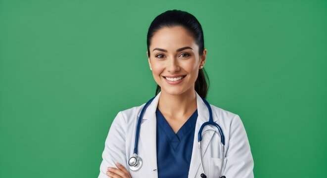 Woman healthcare professional on green screen. Doctor with stethoscope on chromakey background. Medical concept for video compositing.