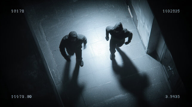 Surveillance camera footage of two people wearing masks walking in a hallway. Concept of threat, security, burglary, and suspicious activity