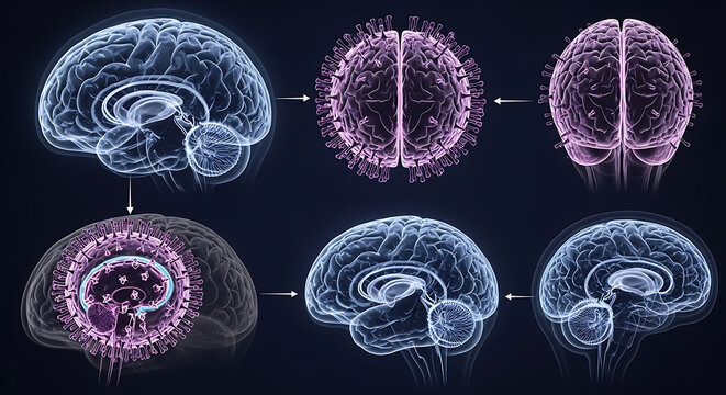 The image shows a sequence of brain diagrams with virus like structures around them in a dark setting