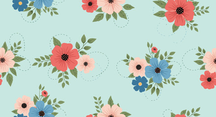 Fototapeta premium A repeating pattern of colorful flowers and green leaves on a light blue background with dotted lines