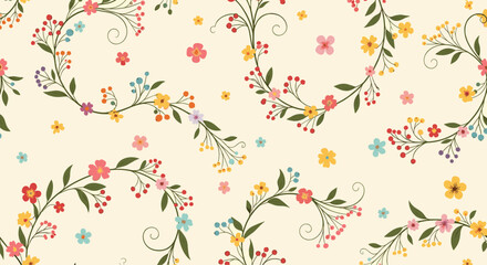 A delicate floral pattern featuring vines with colorful blossoms and berries on a light background