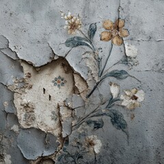 Vintage Floral Wallpaper Peeling on Textured Decayed Wall, Faded Grunge Aesthetic.