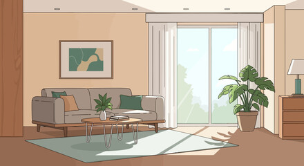 Cozy living room with sofa coffee table and indoor plant sunlight.