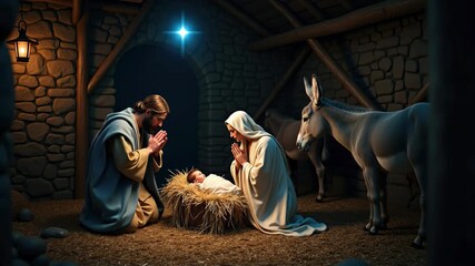 Nativity scene: Mary and Joseph kneeling beside baby Jesus in manger with Star of Bethlehem shining above. Rustic stable setting with stone walls, glowing lantern, and donkeys. Sacred Christmas.
- Powered by Adobe