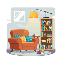 Cozy Reading Nook with Armchair Bookshelf and Lamp.