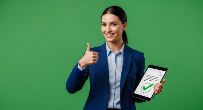 Happy woman shows thumb up gesture and tablet with document and check mark on green screen. Complete task concept for chromakey. - Powered by Adobe