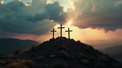 Camera slowly moving toward three crosses silhouetted on Golgotha at sunset. Divine light rays pierce through storm clouds. Powerful spiritual atmosphere. Ideal for Easter and faith-based content.
- Powered by Adobe