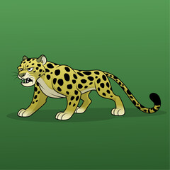 Angry cartoon leopard with yellow fur and black spots on green background, vector illustration for wildlife concept, mascot design, or children’s educational materials