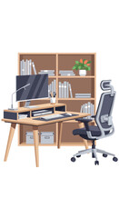 Ergonomic Workspace Setup with Desk Chair and Bookshelf.