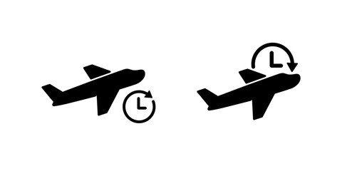 Airplane delay icon isolated on white background. Flight schedule with clock symbol