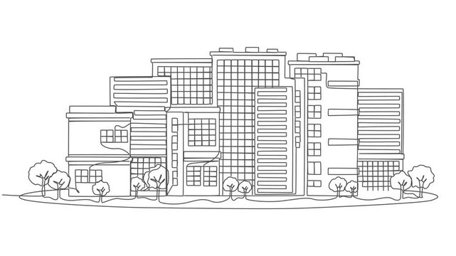 Self drawing line animation Hand draws Modern cityscape architecture skyscrapers continuous one single line drawn concept video, continuous one line drawing of city skyline architecture video.