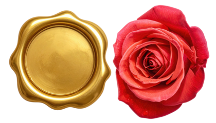 Glossy gold wax seal and vibrant red rose, set against a stark black background. Dramatic contrast and soft lighting