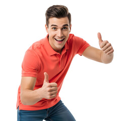 Happy young man giving thumbs up smiling broadly isolated on white background expressing positivity and approval