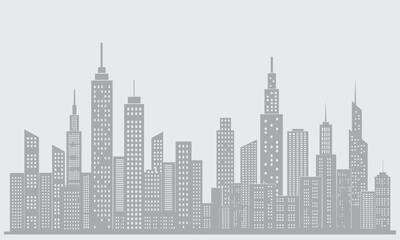 Modern city skyline silhouette in a minimal gray vector design, featuring tall skyscrapers and urban buildings. Ideal for real estate branding, architecture presentations, construction company designs