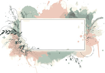 Delicate pastel bouquet and leaf accents surround a double white frame in a watercolor style. Ideal for invitations, posters, or greeting cards, conveying elegance, calm
