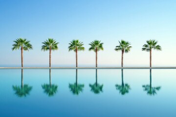 Obraz premium Serene Palm Trees Reflected in Calm Pool Water on Clear Blue Sky