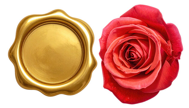 Glossy gold wax seal and vibrant red rose, set against a stark black background. Dramatic contrast and soft lighting