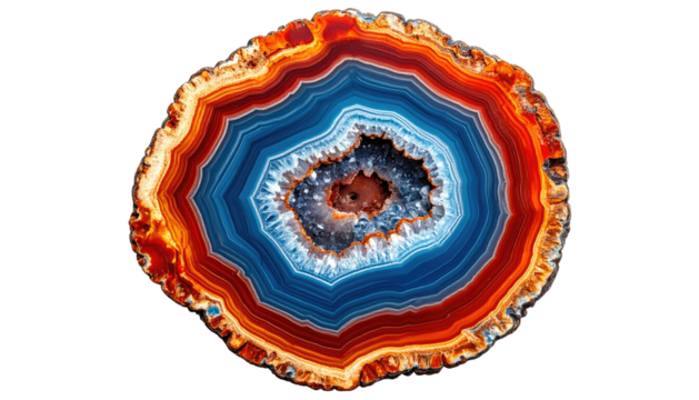 A vibrant agate slice displays concentric rings of red, blue, and white around a sparkling, crystalline center
