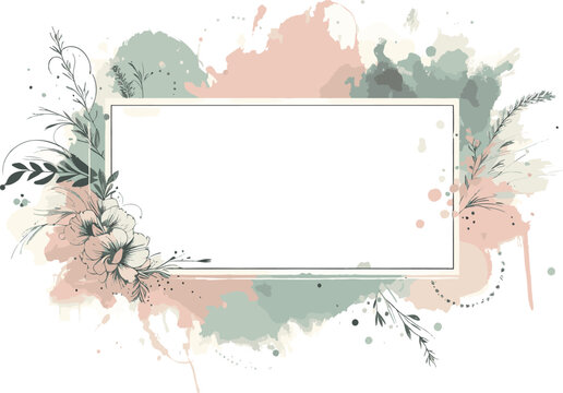 Delicate pastel bouquet and leaf accents surround a double white frame in a watercolor style. Ideal for invitations, posters, or greeting cards, conveying elegance, calm