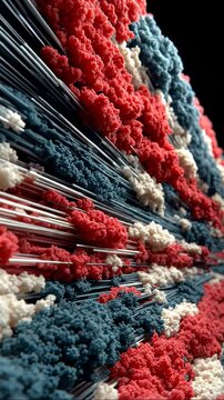 Macro View of Abstract Red, White, and Blue Objects With Metallic Rods