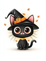 Fototapeta premium Cute black cat in a witch hat, surrounded by autumn leaves, white isolate background.