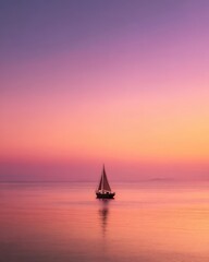 Fototapeta premium Solitary Sailboat Silhouetted Against a Vibrant Sunset Sky, Reflecting on Calm Waters.