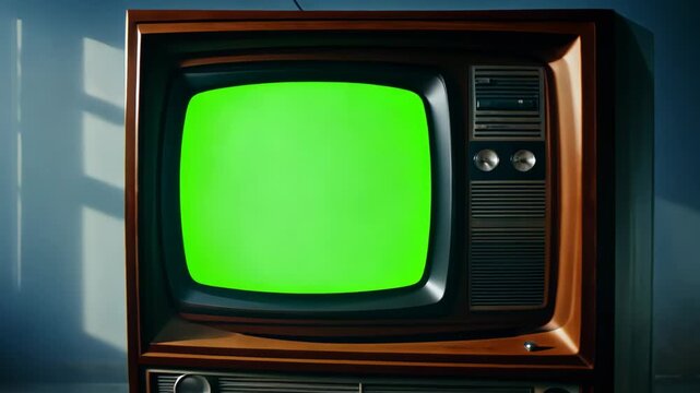 Vintage television with green chroma key screen in empty abandoned room with dramatic window light. Forward camera movement toward retro TV set. For mockup templates and nostalgic media concepts.
