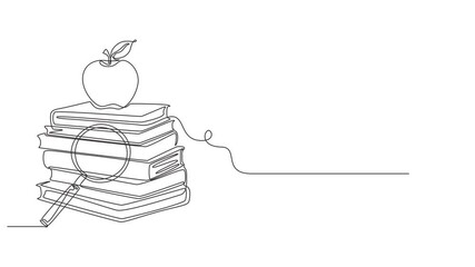 stack of books an apple a magnifying glass and art supplies, Continuous one line drawing of stack of books with apple. Education and knowledge library concept in simple linear style. Editable stroke.  - Powered by Adobe