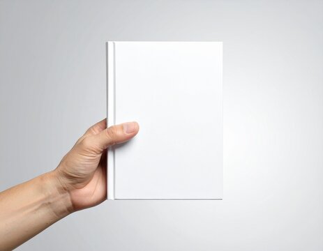 白い表紙の本を片手で持っている