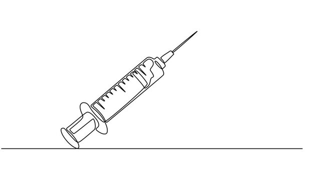 syringe with needle continuous one line drawing animation, Animated self drawing of continuous line draw medical disposable syringe with needle. Applicable for vaccine injection, vaccination logo.