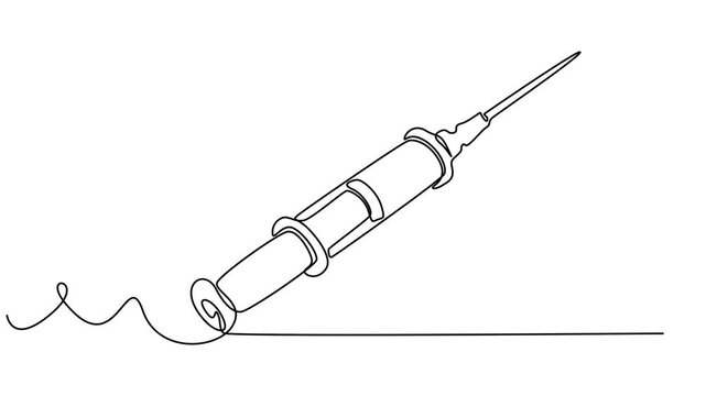 syringe with needle continuous one line drawing animation, Animated self drawing of continuous line draw medical disposable syringe with needle. Applicable for vaccine injection, vaccination logo.