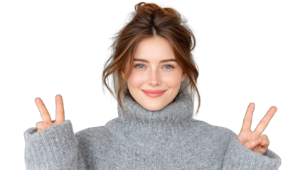 Cheerful Young Woman Showing Peace Signs With Both Hands Wearing A Cozy Gray Turtleneck Sweater With A Soft Smile And Blue Eyes Against A Transparent Background